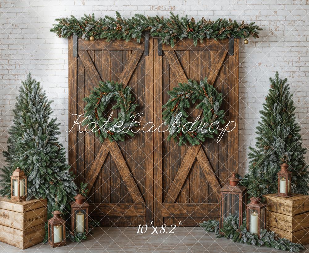 Kate Christmas Brown Barn Door Wreath Backdrop Designed by Emetselch - Image 5