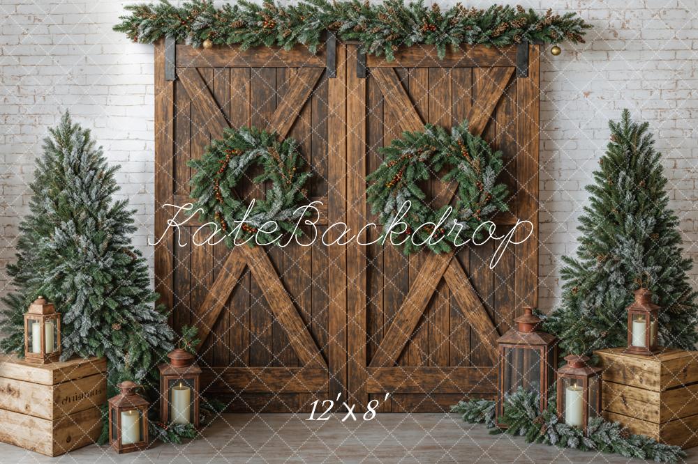 Kate Christmas Brown Barn Door Wreath Backdrop Designed by Emetselch - Image 7
