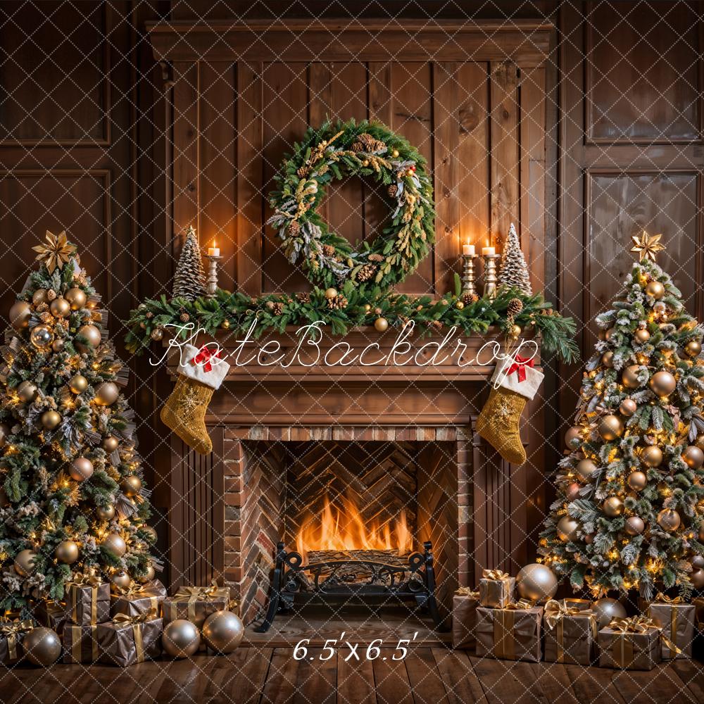 Kate Christmas Brown Fireplace Vintage Wall Backdrop Designed by Emetselch - Image 2