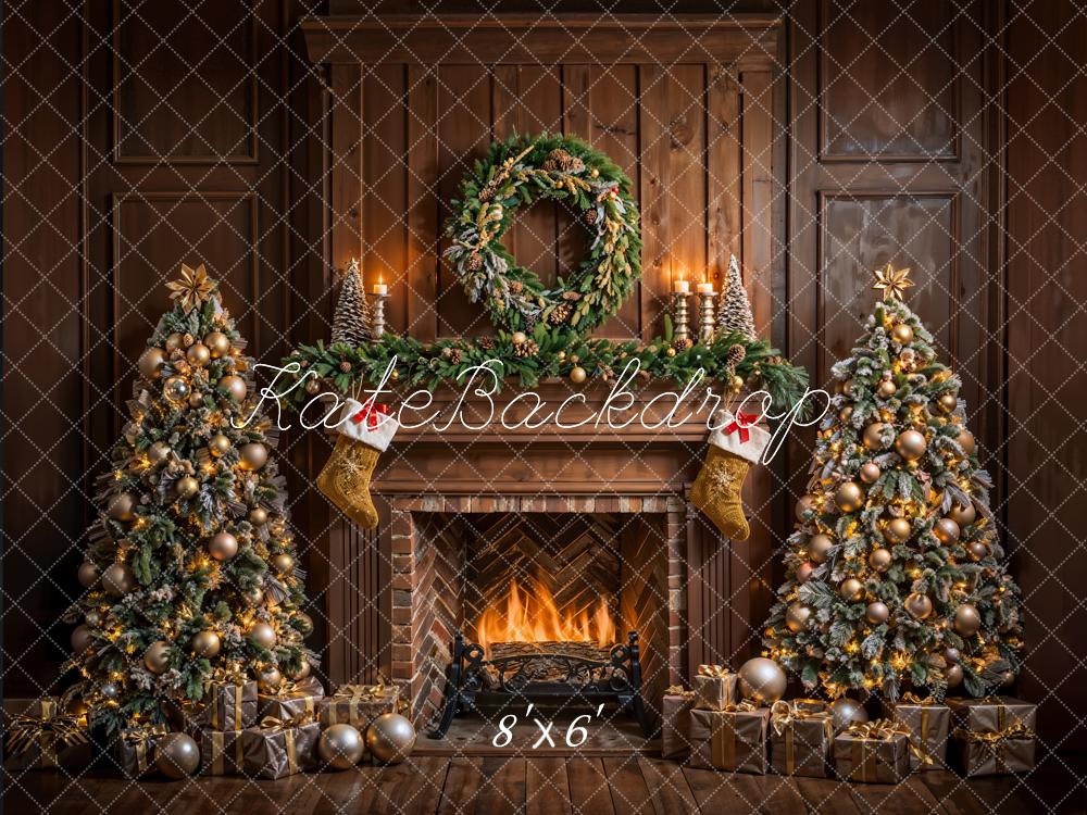 Kate Christmas Brown Fireplace Vintage Wall Backdrop Designed by Emetselch - Image 3