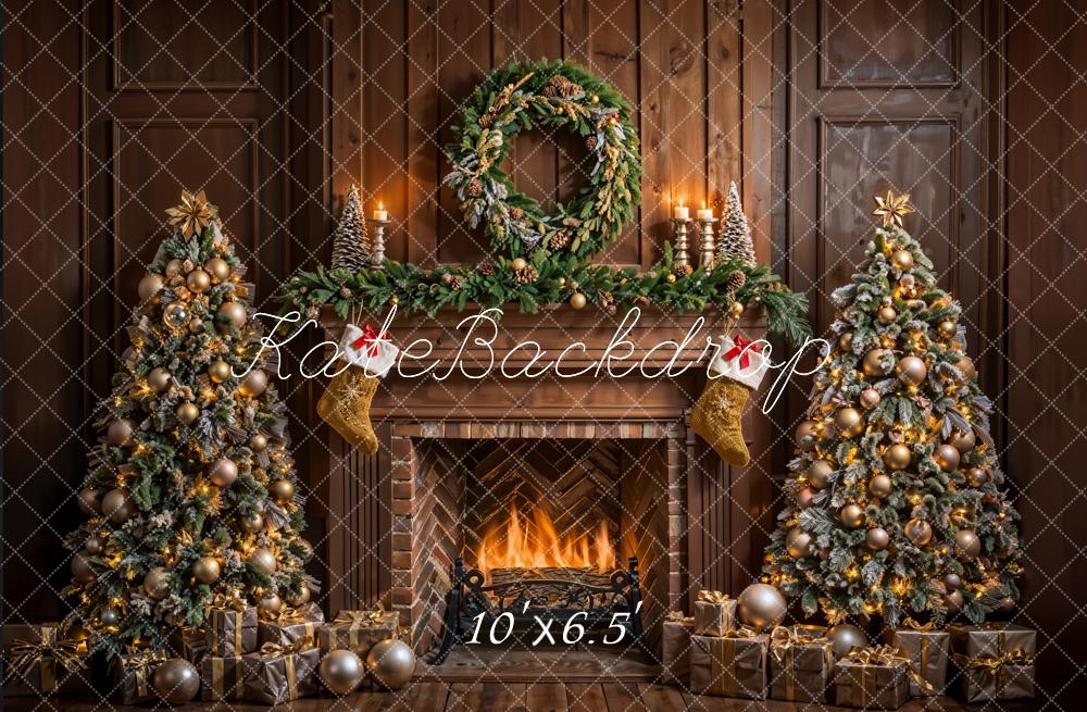 Kate Christmas Brown Fireplace Vintage Wall Backdrop Designed by Emetselch - Image 4