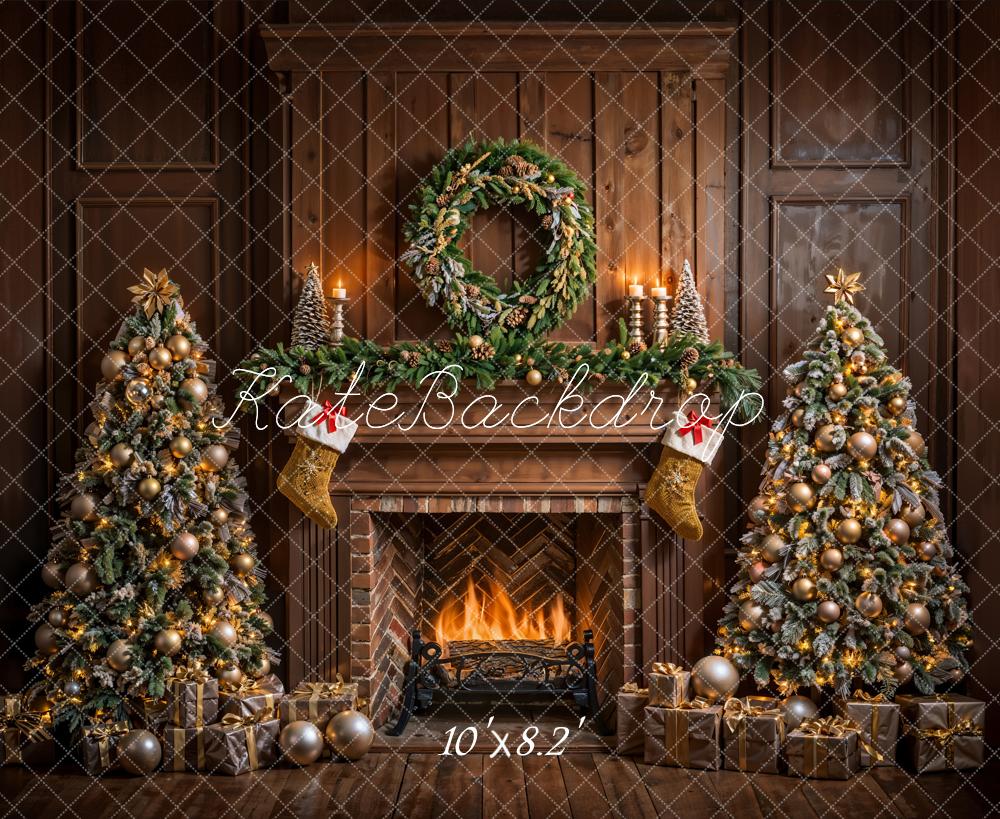 Kate Christmas Brown Fireplace Vintage Wall Backdrop Designed by Emetselch - Image 5