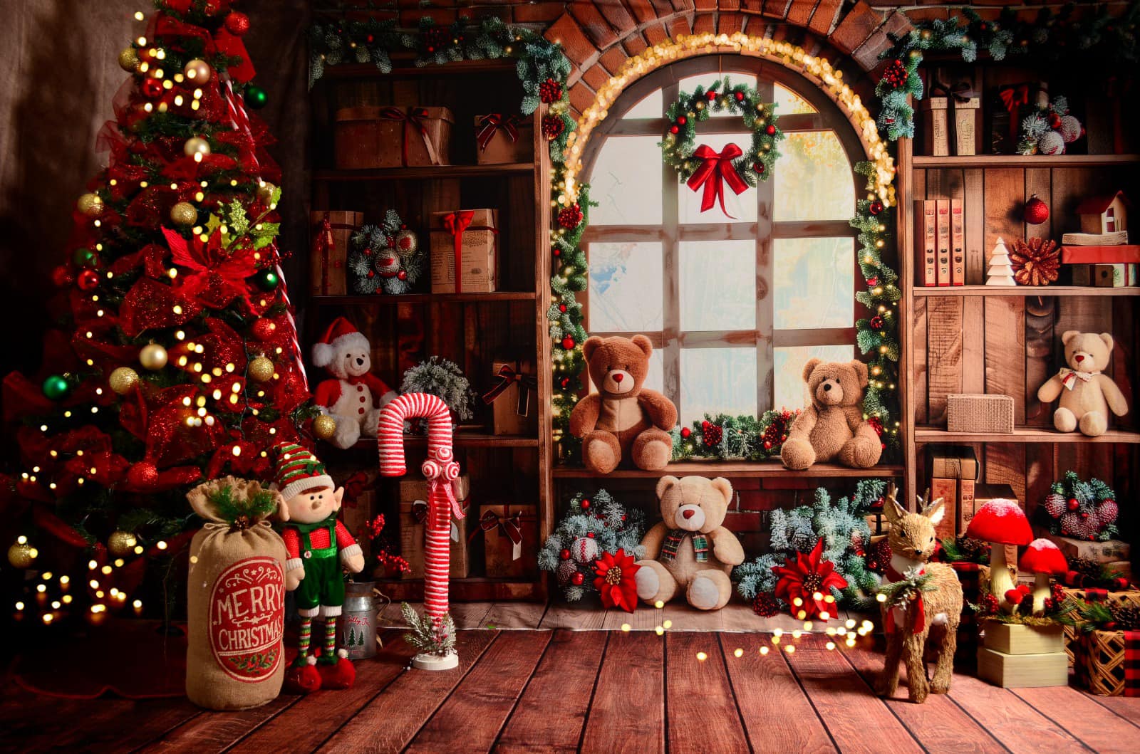 Kate Christmas Brown Gifts Shelf Teddy Bears Window Backdrop Designed by Patty Robert - Image 6