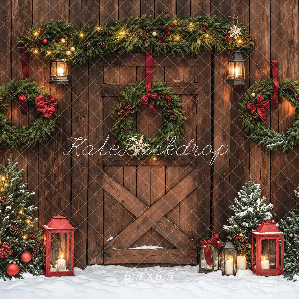Kate Christmas Brown Wood Door Wreaths Backdrop Designed by Emetselch - Image 2