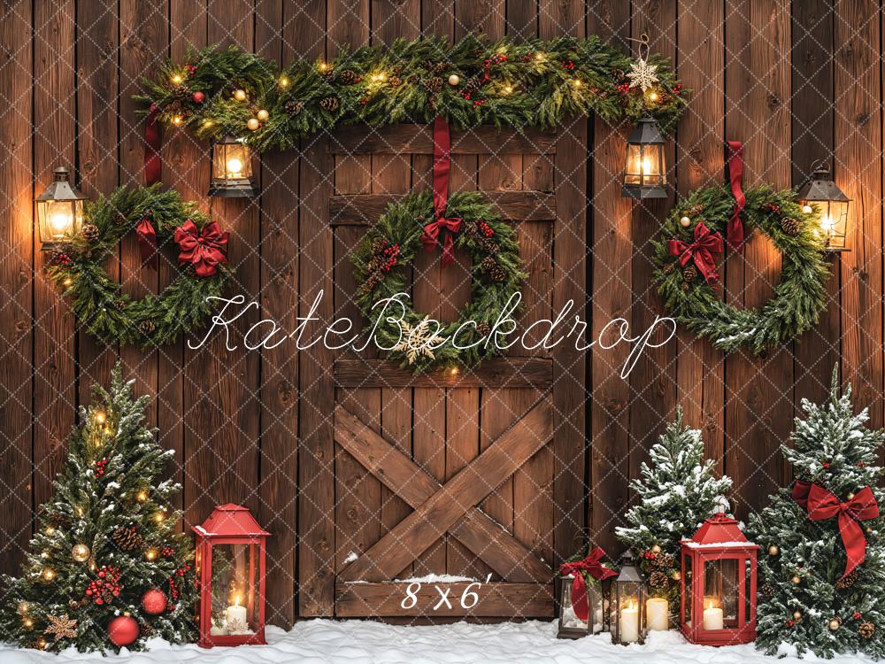 Kate Christmas Brown Wood Door Wreaths Backdrop Designed by Emetselch - Image 3