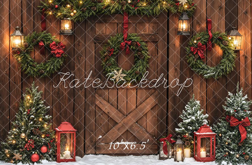 Kate Christmas Brown Wood Door Wreaths Backdrop Designed by Emetselch - Image 4