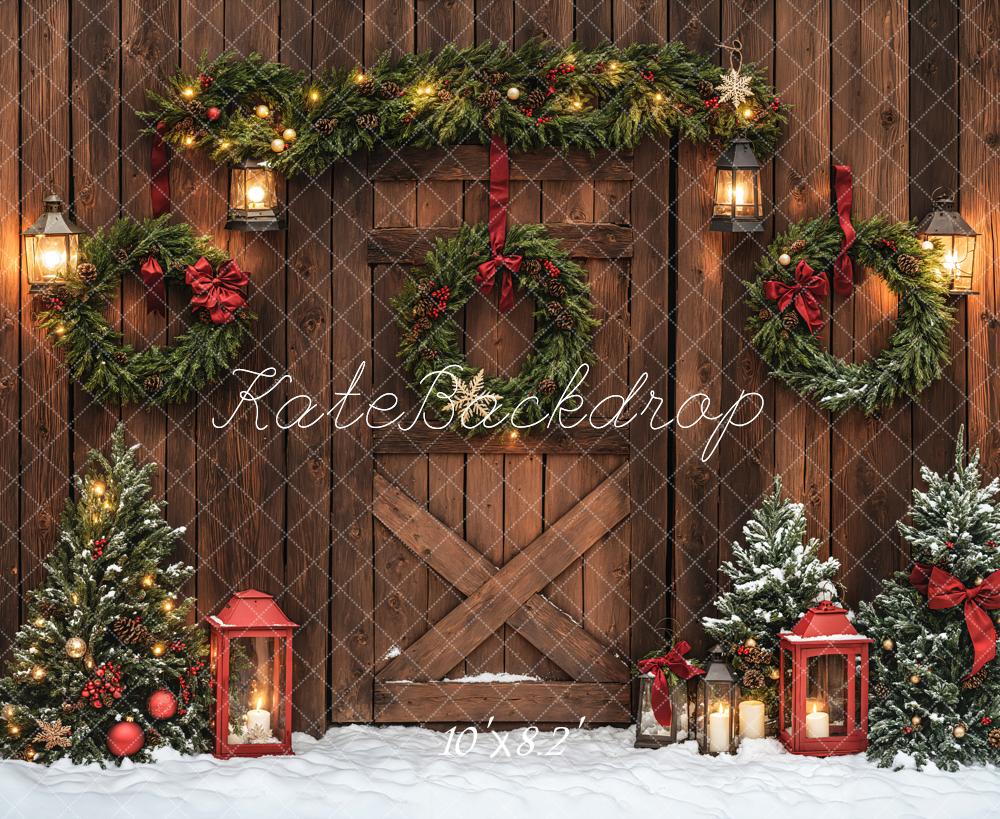 Kate Christmas Brown Wood Door Wreaths Backdrop Designed by Emetselch - Image 5