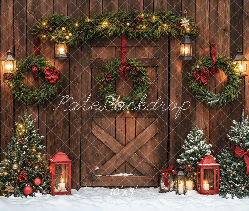 Kate Christmas Brown Wood Door Wreaths Backdrop Designed by Emetselch - Image 6