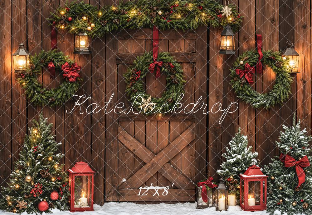 Kate Christmas Brown Wood Door Wreaths Backdrop Designed by Emetselch - Image 7
