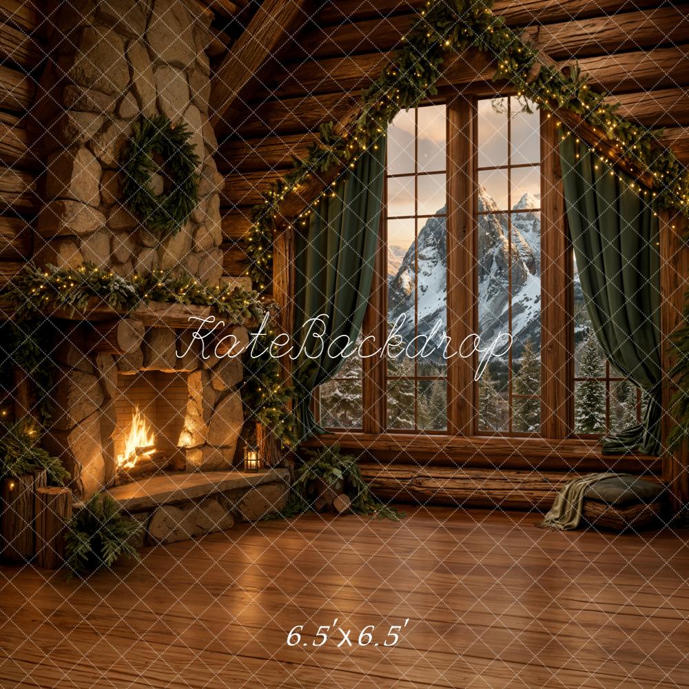 Kate Christmas Cabin Fireplace Mountain View Backdrop Designed by Emetselch - Image 2