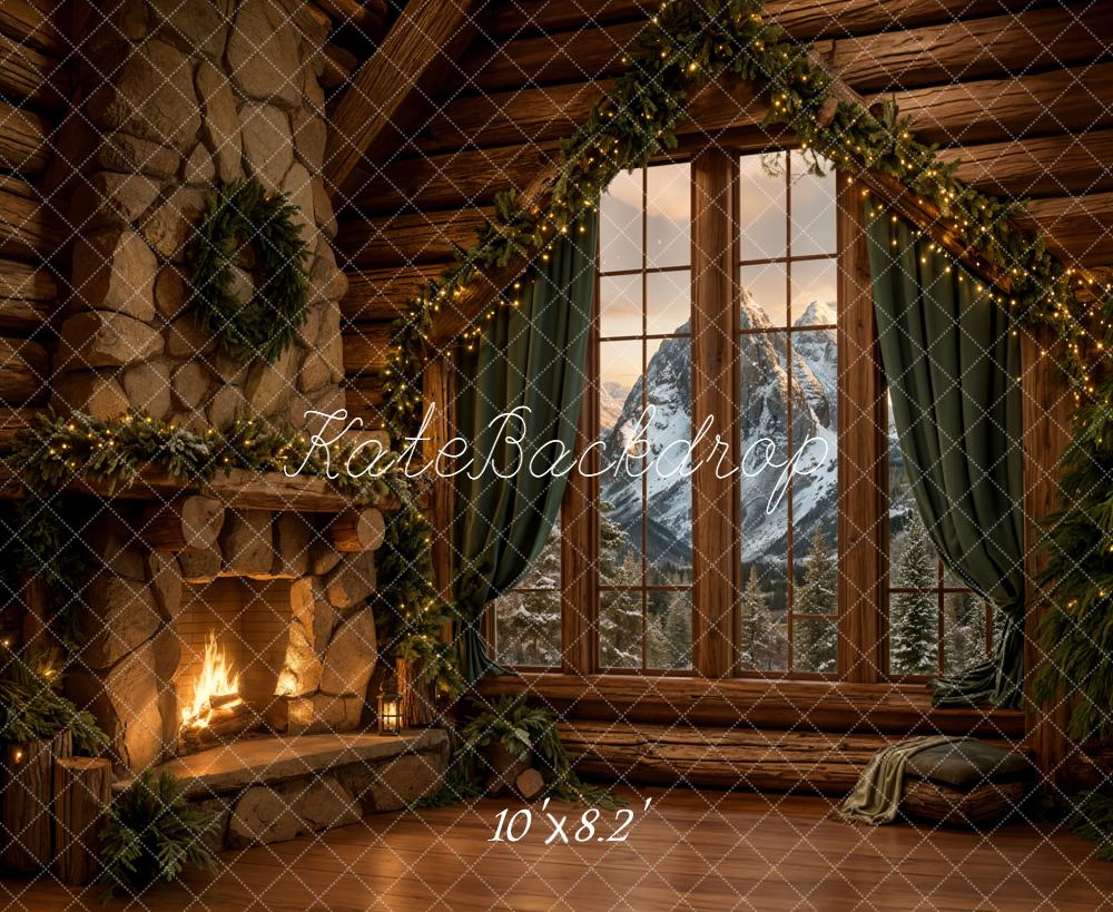 Kate Christmas Cabin Fireplace Mountain View Backdrop Designed by Emetselch - Image 6