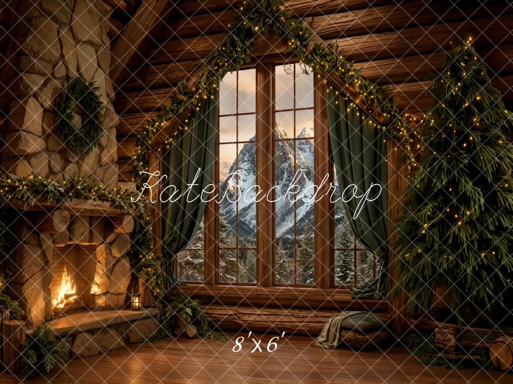 Kate Christmas Cabin Fireplace Mountain View Fleece Backdrop Designed by Emetselch