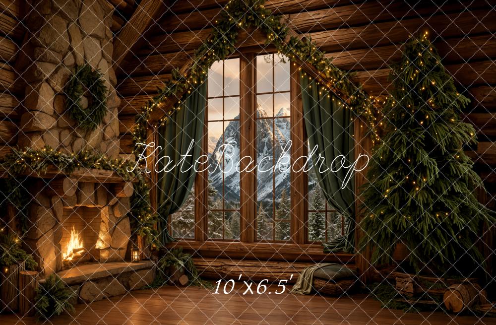 Kate Christmas Cabin Fireplace Mountain View Fleece Backdrop Designed by Emetselch - Image 2