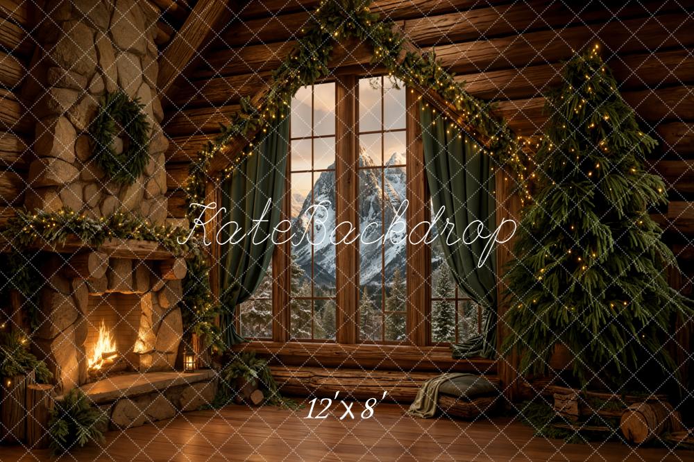 Kate Christmas Cabin Fireplace Mountain View Fleece Backdrop Designed by Emetselch - Image 4