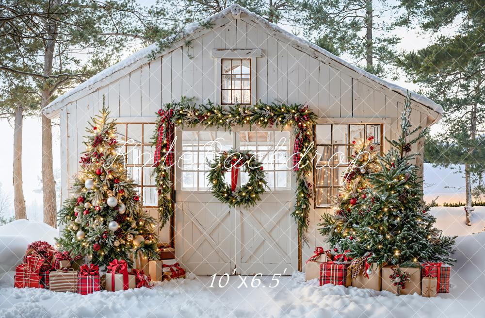 Kate Christmas Cabin Trees Presents Garland Fleece Backdrop Designed by Emetselch - Image 2