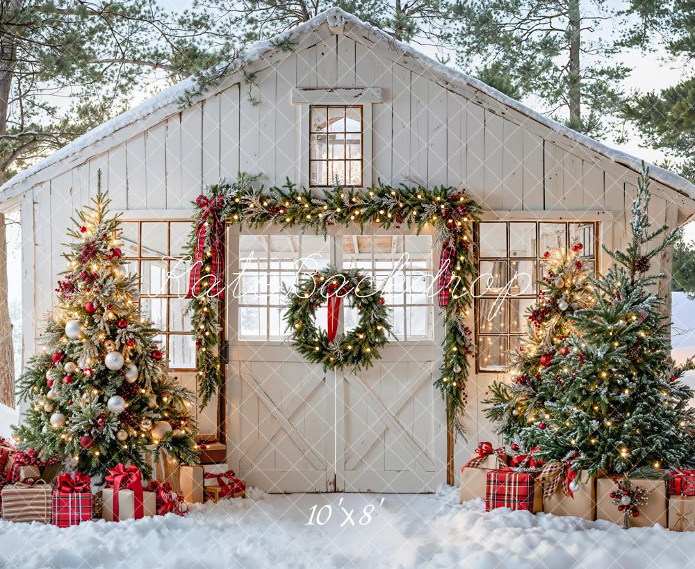 Kate Christmas Cabin Trees Presents Garland Fleece Backdrop Designed by Emetselch - Image 3