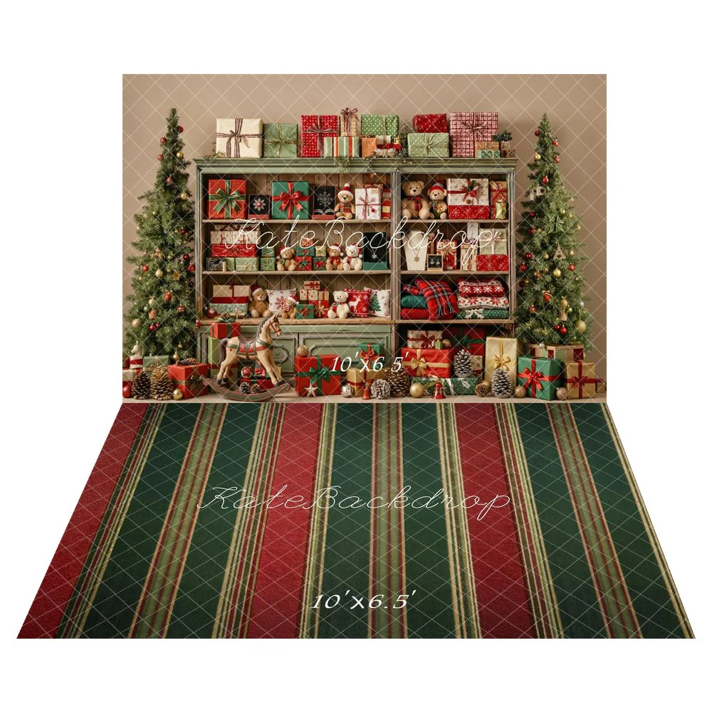 Kate Christmas Cabinet Gifts Teddy Bears Rocking Horse Backdrop+Red Green Stripes Backdrop - Image 2