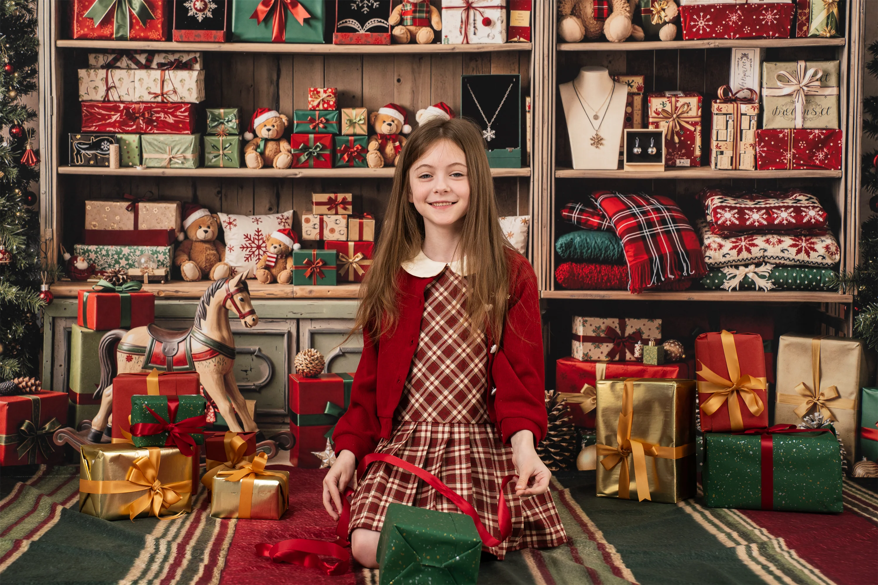 Kate Christmas Cabinet Gifts Teddy Bears Rocking Horse Backdrop+Red Green Stripes Backdrop - Image 3