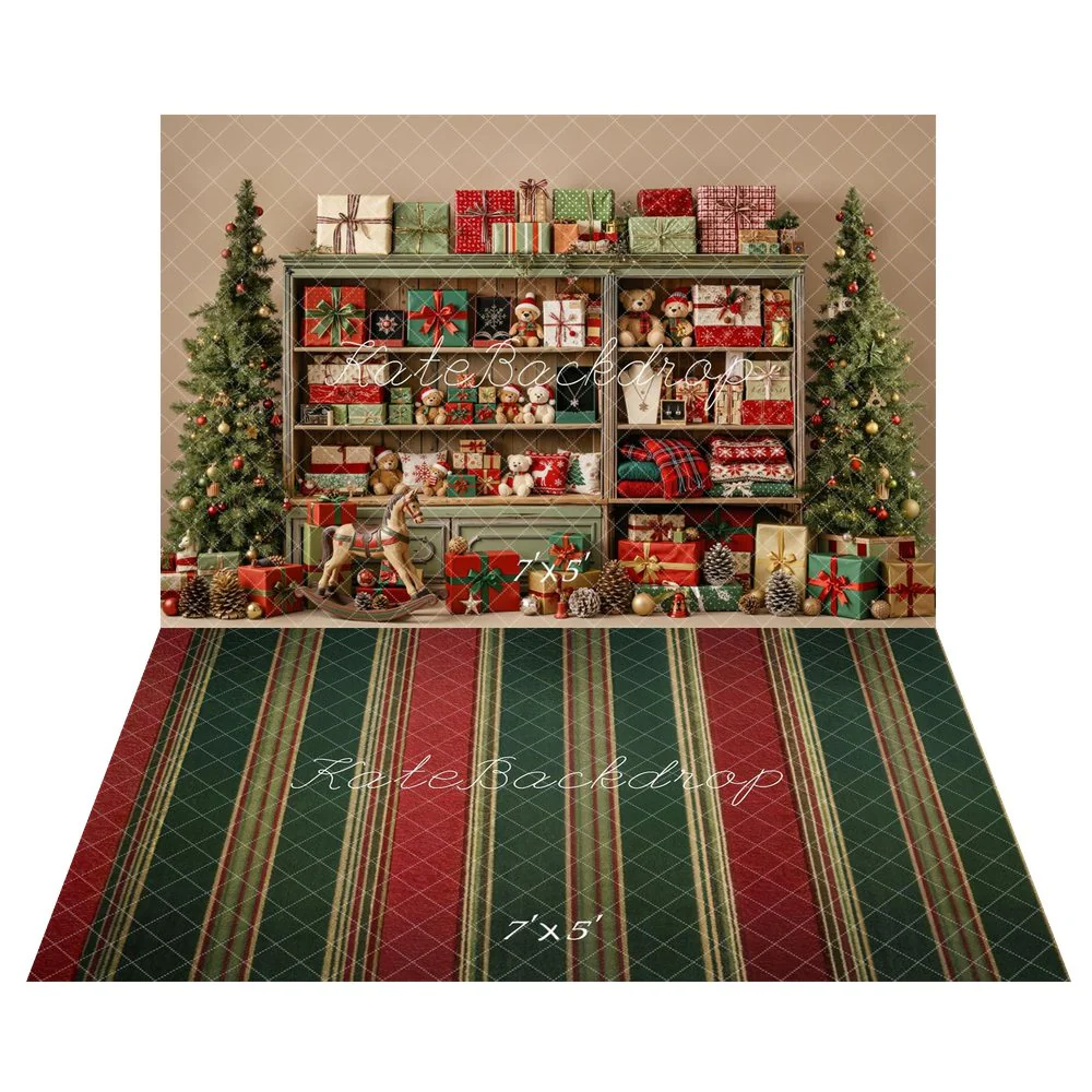 Kate Christmas Cabinet Gifts Teddy Bears Rocking Horse Backdrop+Red Green Stripes Backdrop - Image 4