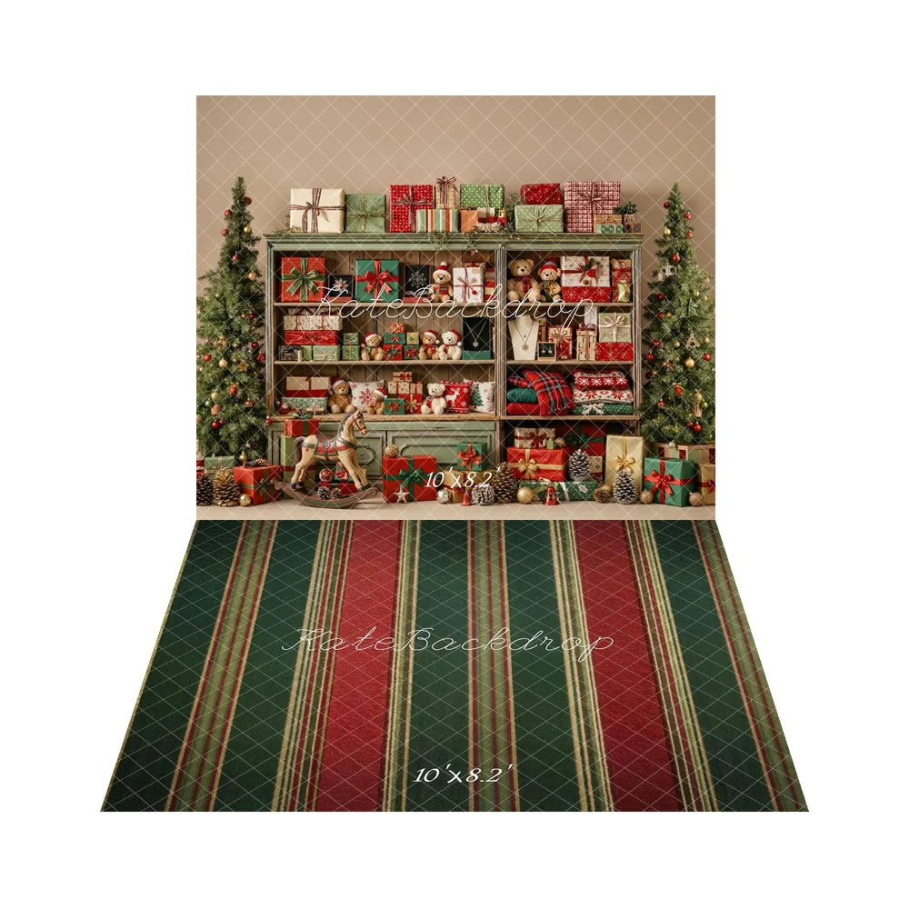 Kate Christmas Cabinet Gifts Teddy Bears Rocking Horse Backdrop+Red Green Stripes Backdrop - Image 5