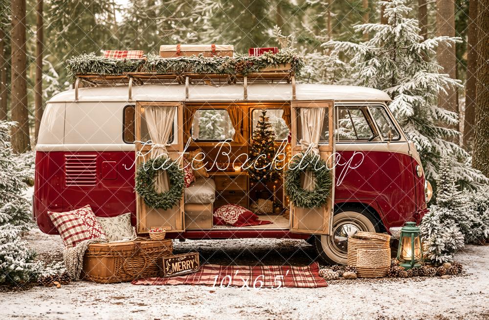 Kate Christmas Campervan Forest Pinecones Fleece Backdrop Designed by Emetselch - Image 2