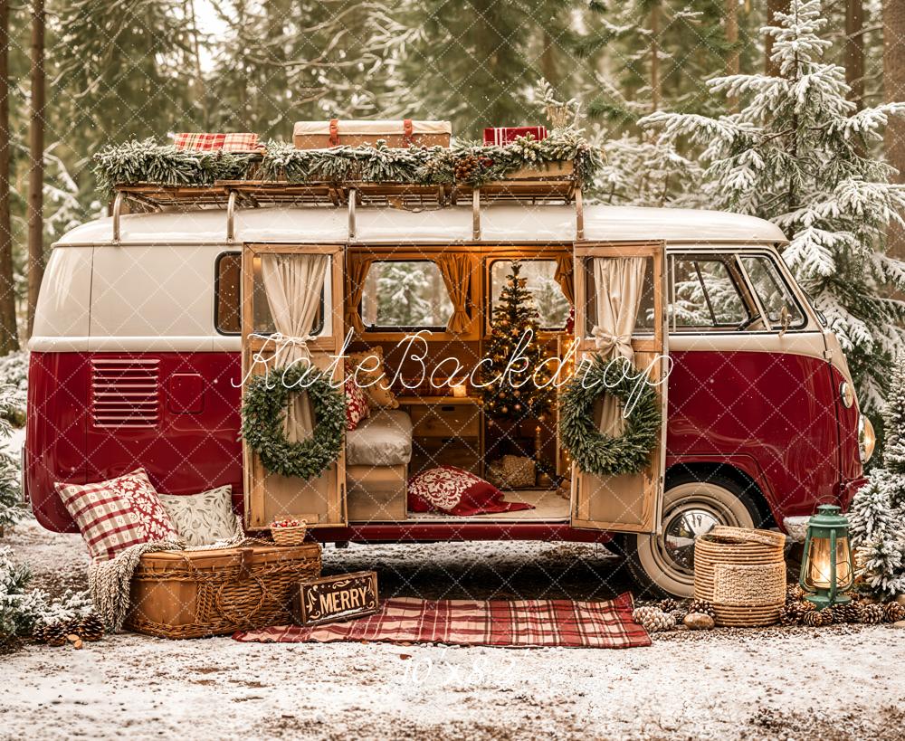 Kate Christmas Campervan Forest Pinecones Fleece Backdrop Designed by Emetselch - Image 3