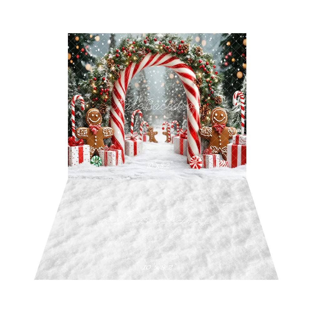 Kate Christmas Candy Cane Arch Gingerbread Backdrop+White Snow Floor Backdrop - Image 2