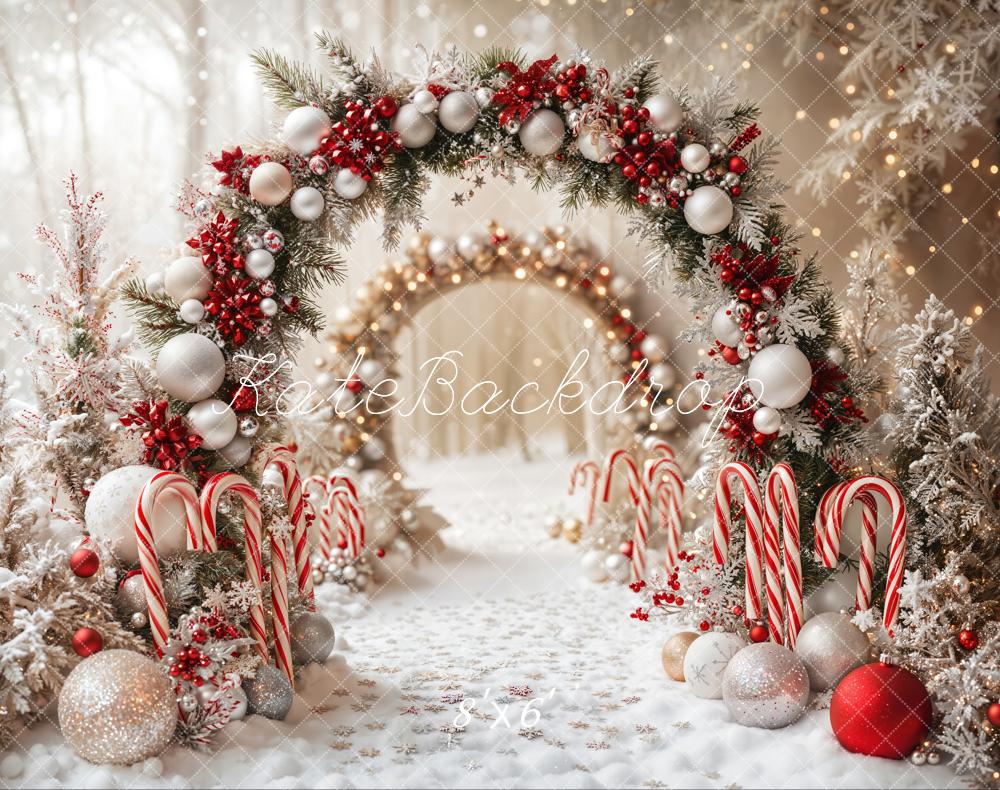Kate Christmas Candy Cane Arch Snow Fleece Backdrop Designed by Emetselch - Image 2