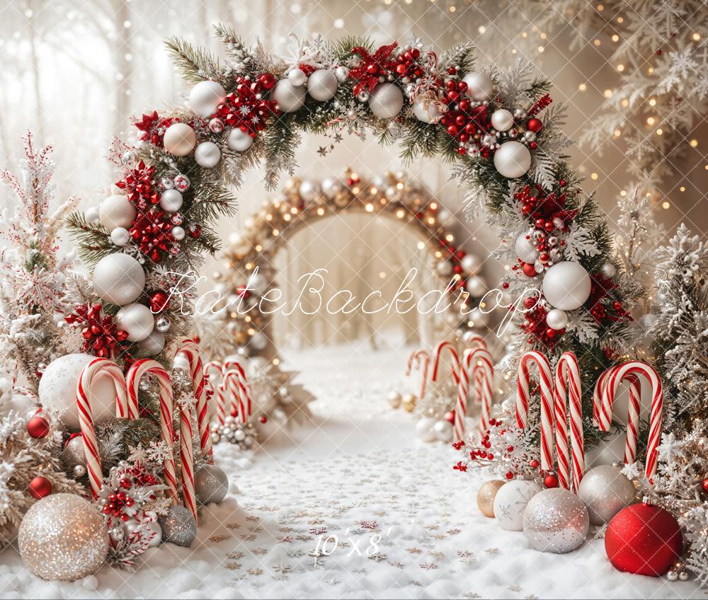 Kate Christmas Candy Cane Arch Snow Fleece Backdrop Designed by Emetselch - Image 3