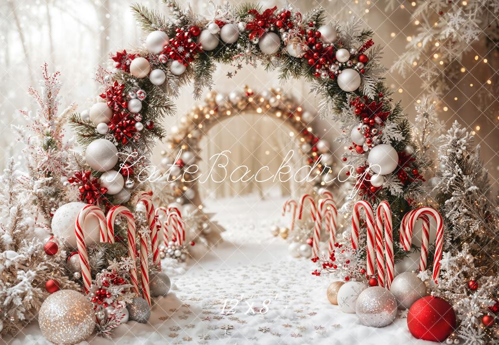 Kate Christmas Candy Cane Arch Snow Fleece Backdrop Designed by Emetselch - Image 4