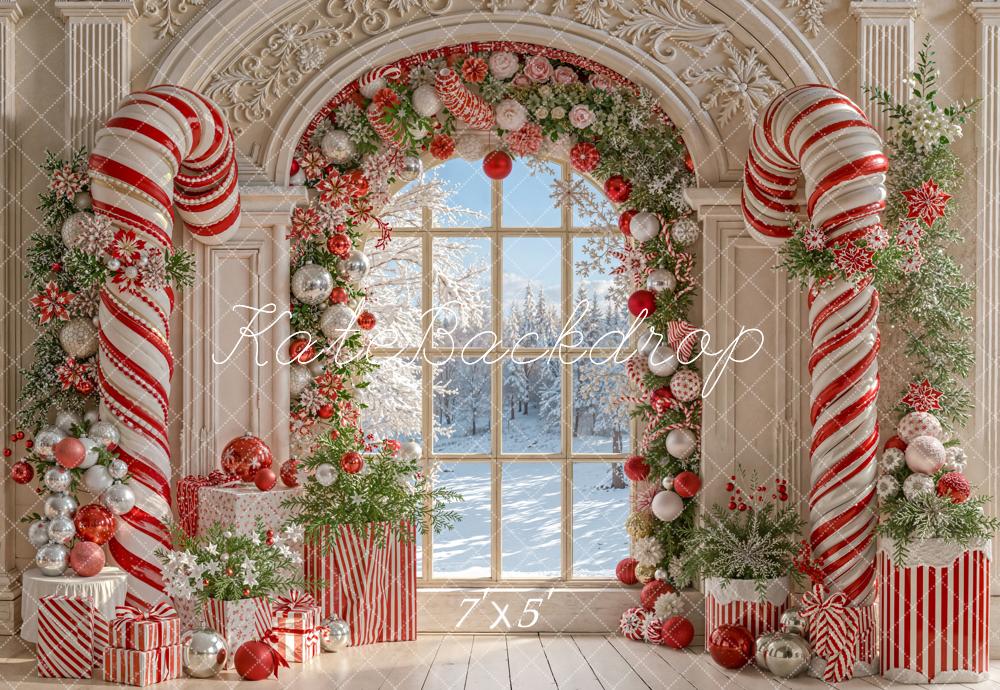Kate Christmas Candy Cane Arched Window Backdrop Designed by Emetselch - Image 2