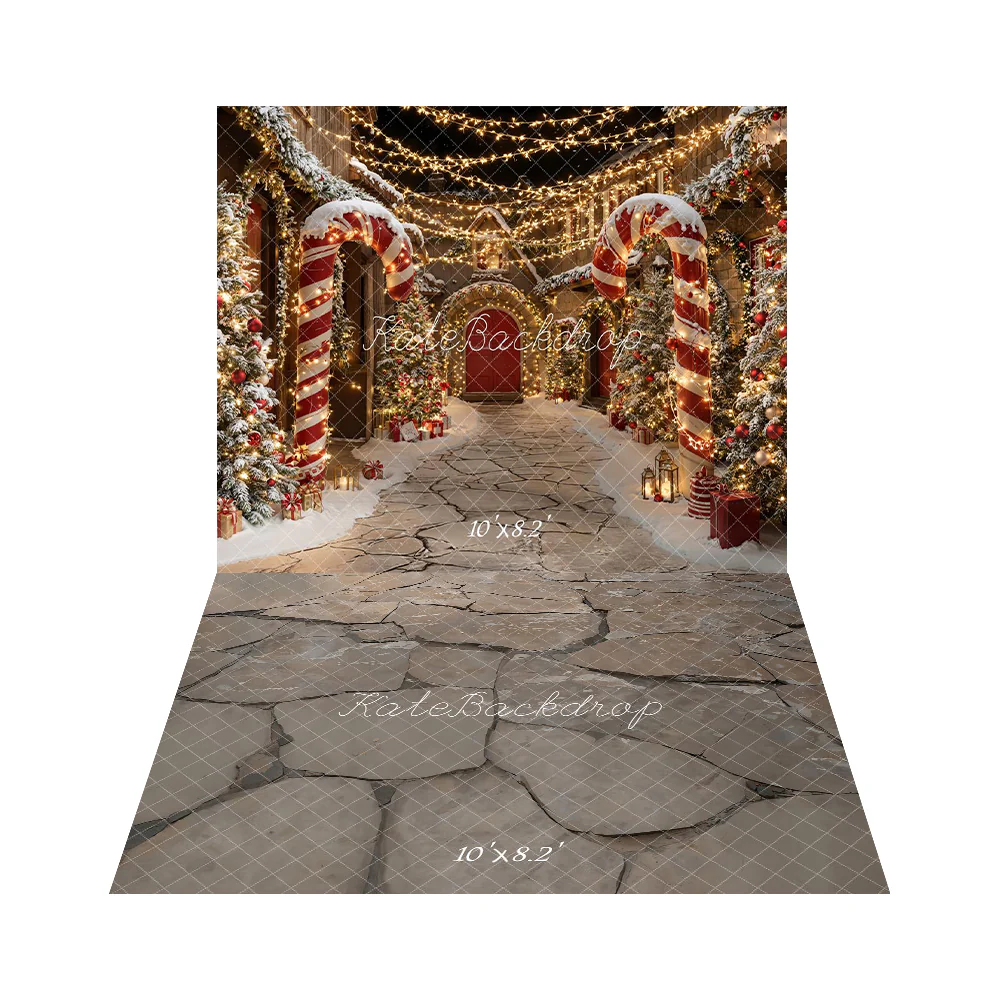 Kate Christmas Candy Cane Lights Backdrop+ Gray Cobblestone Floor Backdrop - Image 2