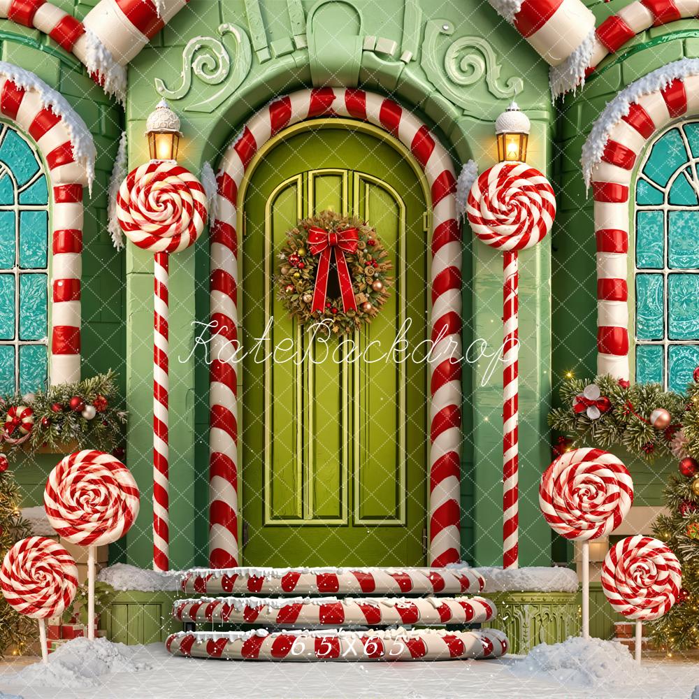 Kate Christmas Candy Cane Lollipops Green House Backdrop Designed by Emetselch - Image 2
