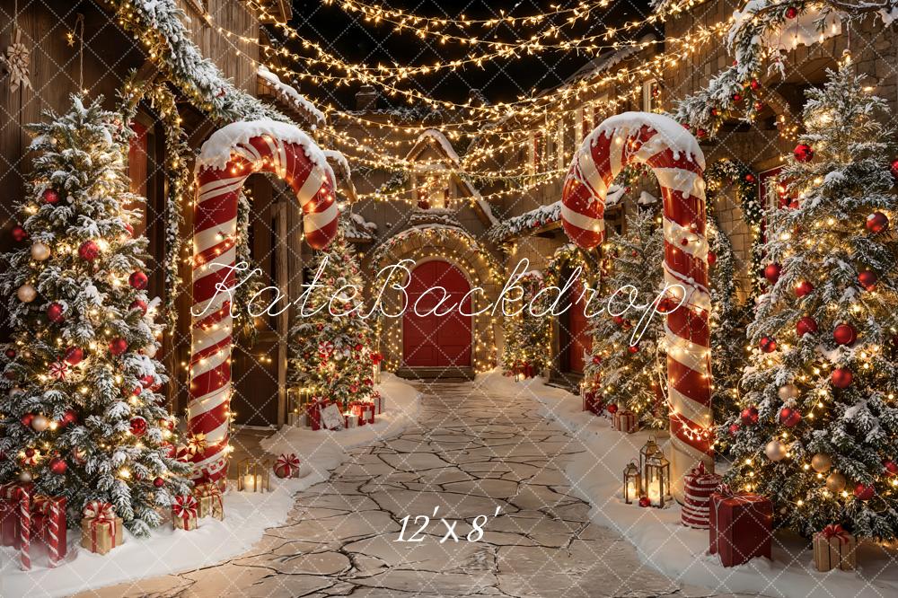 Kate Christmas Candy Cane Snowy Path Fleece Backdrop Designed by Emetselch - Image 4