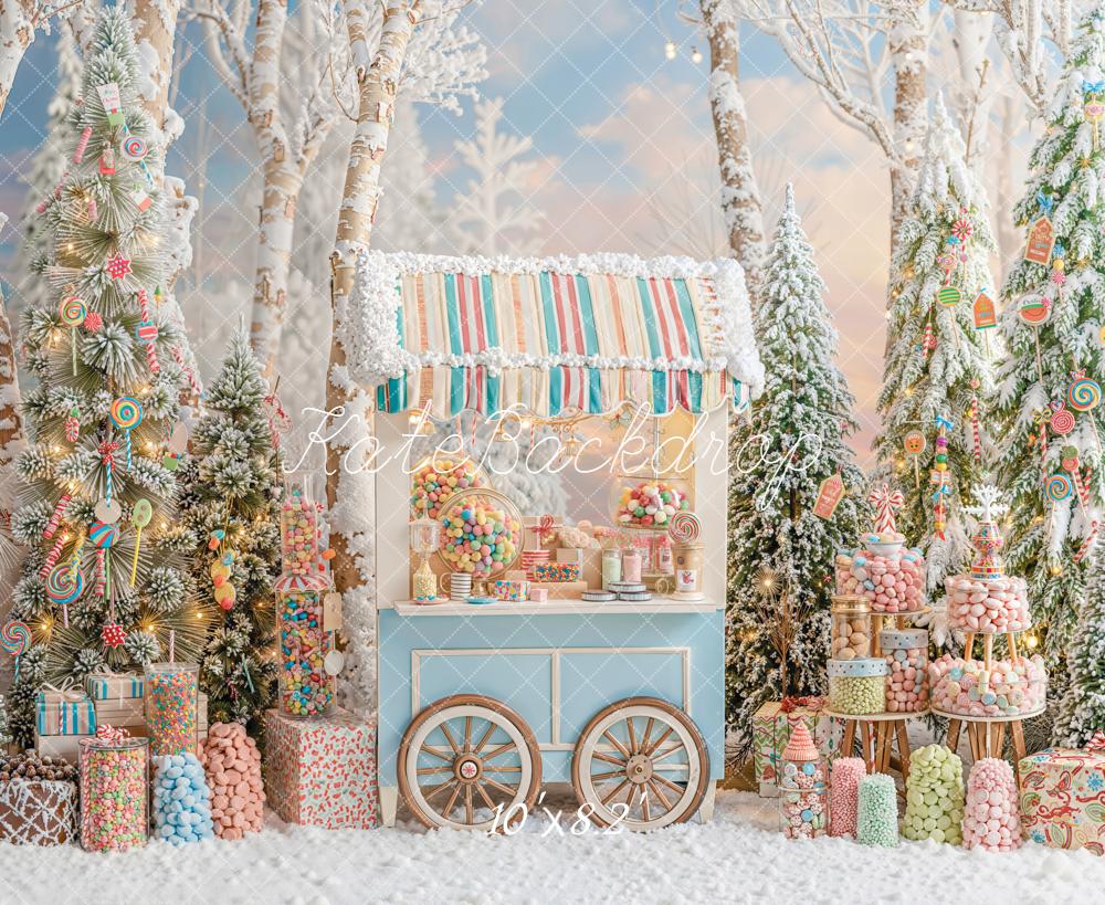 Kate Christmas Candy Cart Snowy Trees Fleece Backdrop Designed by Emetselch - Image 3
