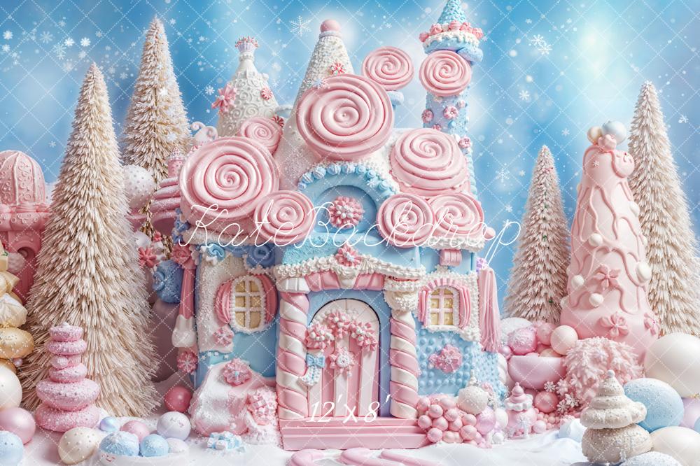 Kate Christmas Candy House Snowy Trees Fleece Backdrop Designed by Emetselch - Image 4