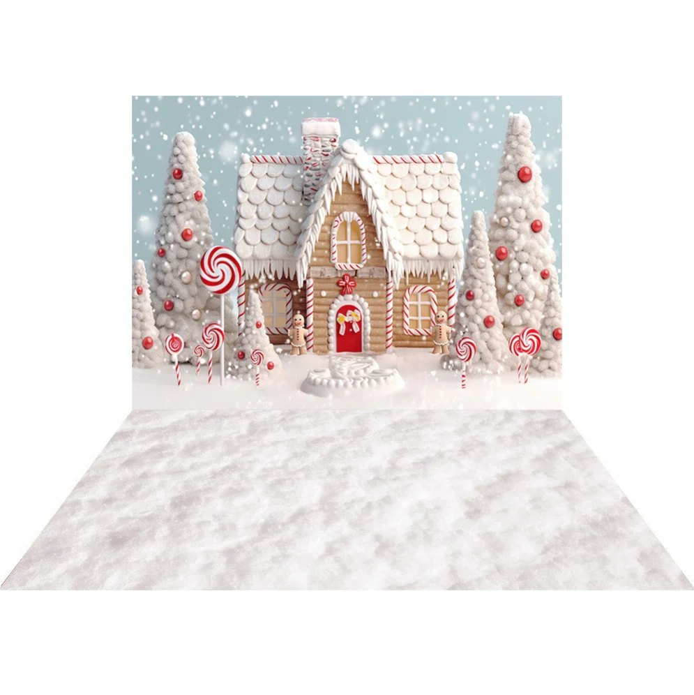 Kate Christmas Candy Snow House Backdrop+White Snow Floor Backdrop - Image 2