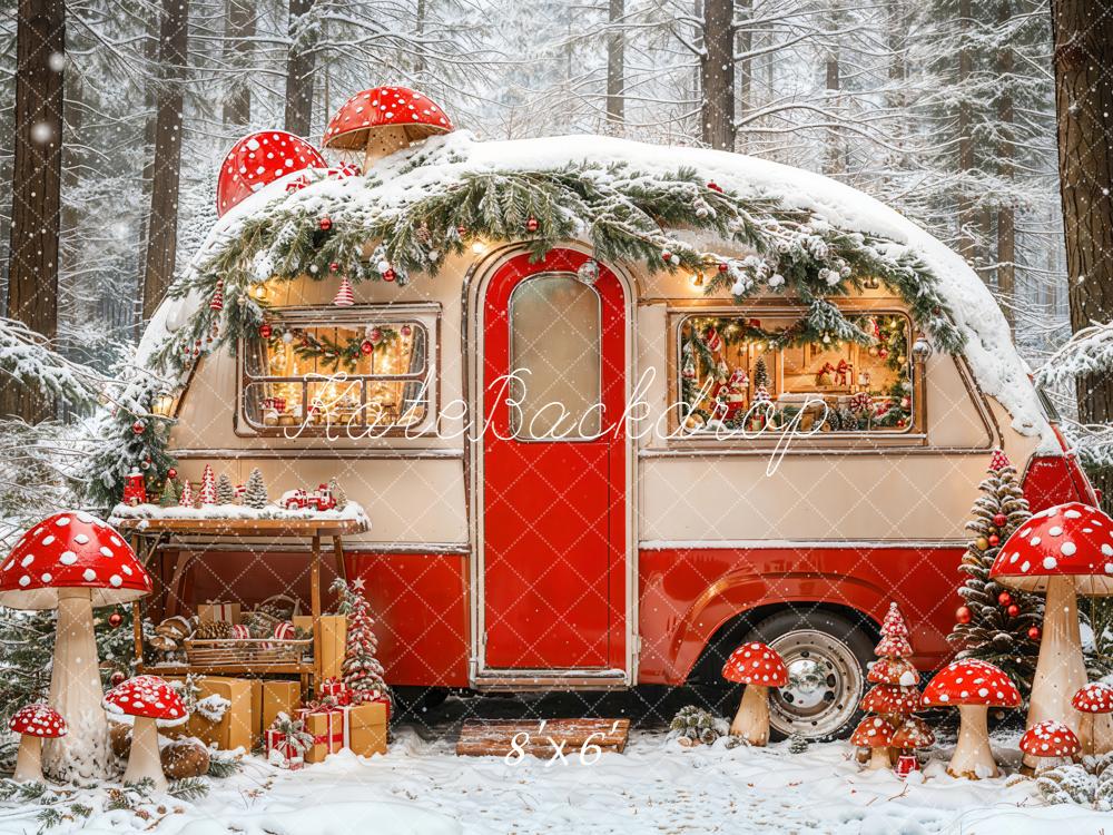 Kate Christmas Caravan Snowy Forest Mushrooms Backdrop Designed by Emetselch - Image 3