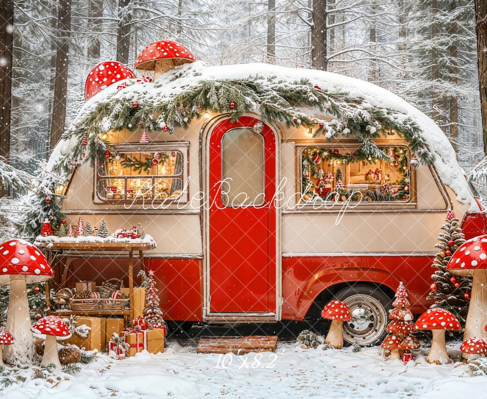 Kate Christmas Caravan Snowy Forest Mushrooms Backdrop Designed by Emetselch - Image 6