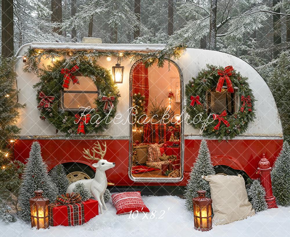 Kate Christmas Caravan Wreaths Forest Fleece Backdrop Designed by Emetselch - Image 3