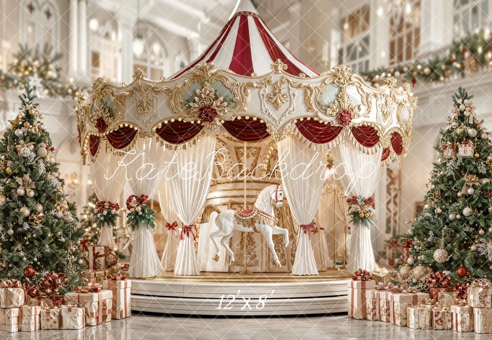 Kate Christmas Carousel Trees Presents Fleece Backdrop Designed by Emetselch - Image 4