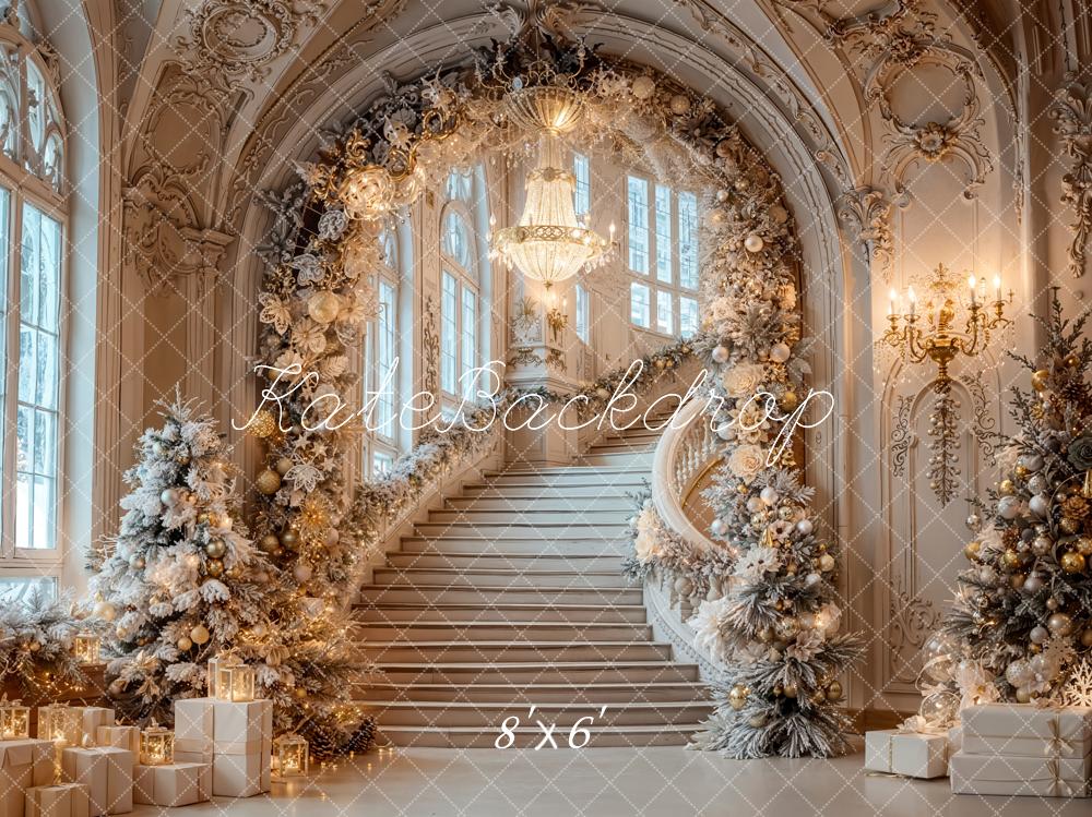 Kate Christmas Cascading Stairs Arch Fleece Backdrop Designed by Emetselch