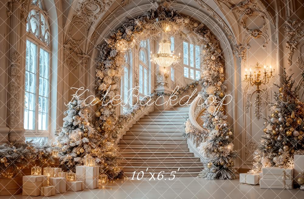 Kate Christmas Cascading Stairs Arch Fleece Backdrop Designed by Emetselch - Image 2