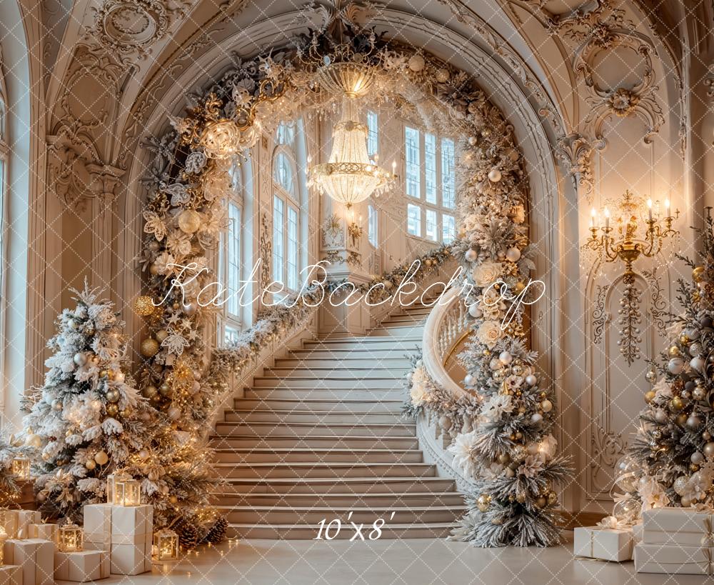 Kate Christmas Cascading Stairs Arch Fleece Backdrop Designed by Emetselch - Image 3