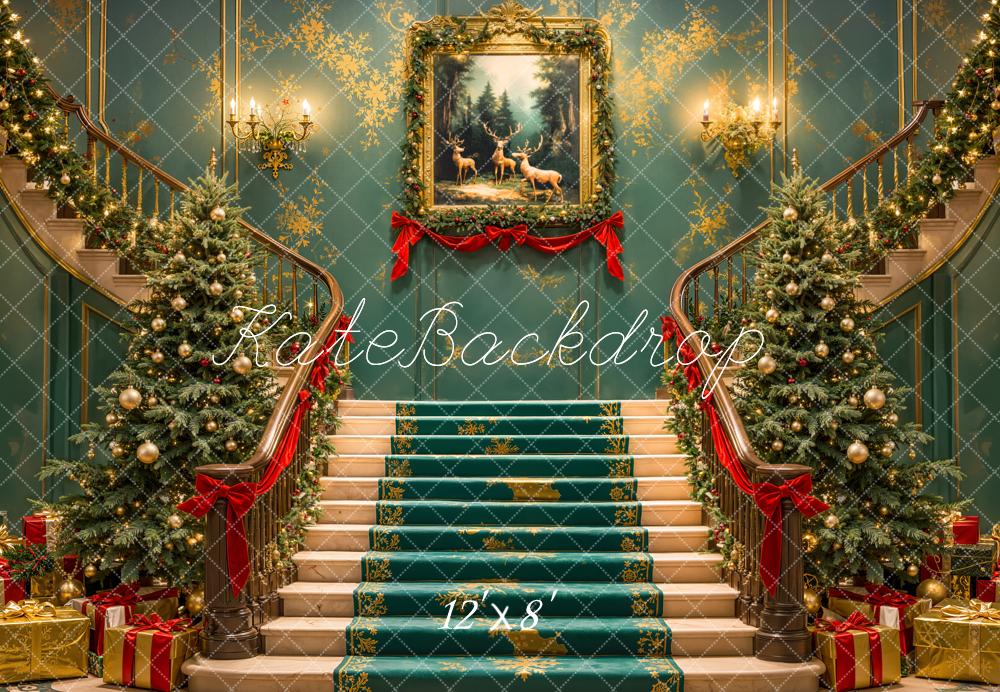 Kate Christmas Cascading Stairs Trees Fleece Backdrop Designed by Emetselch - Image 2