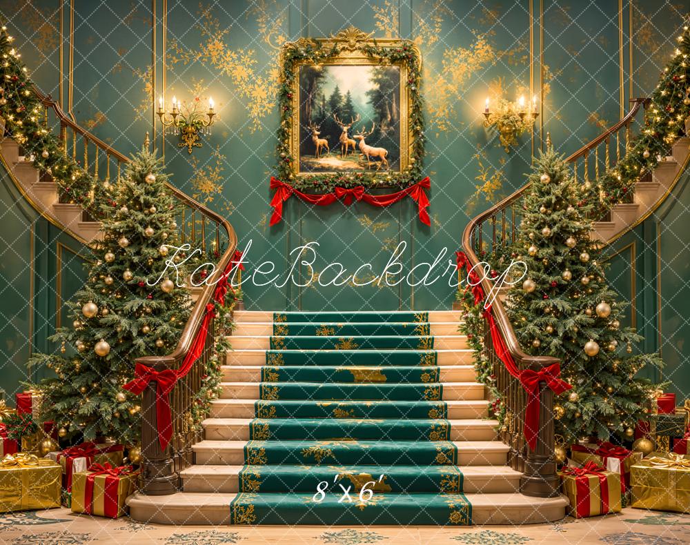 Kate Christmas Cascading Stairs Trees Fleece Backdrop Designed by Emetselch - Image 3