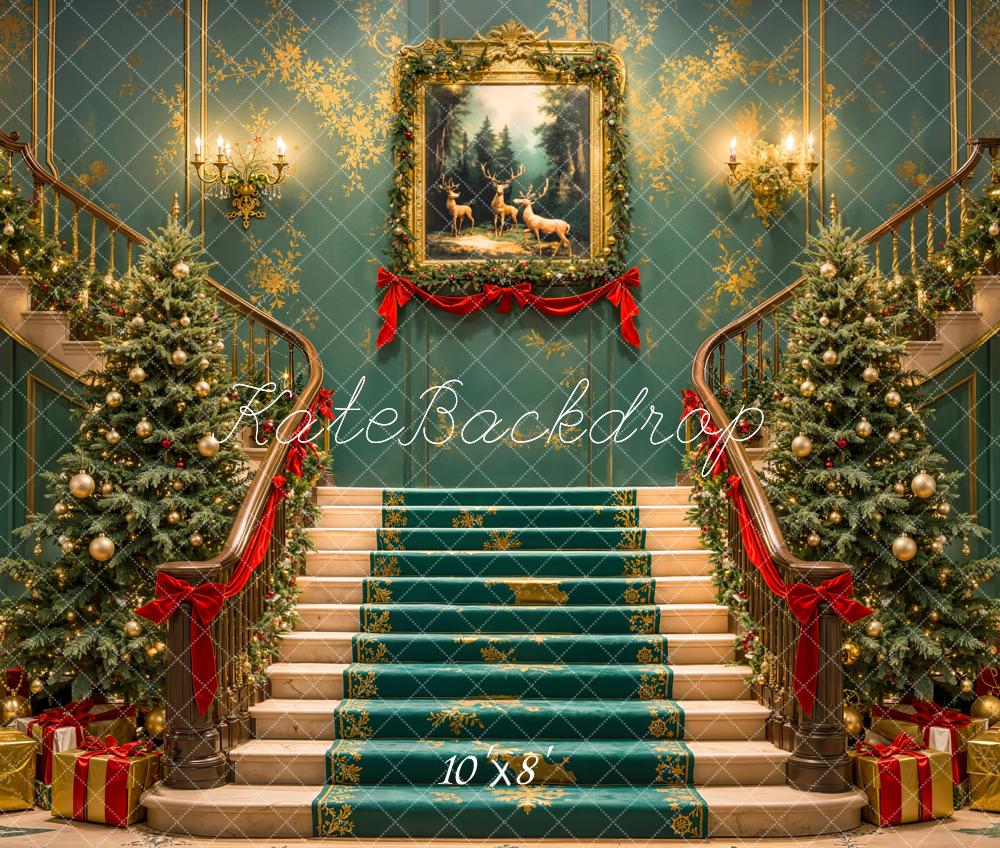 Kate Christmas Cascading Stairs Trees Fleece Backdrop Designed by Emetselch - Image 4