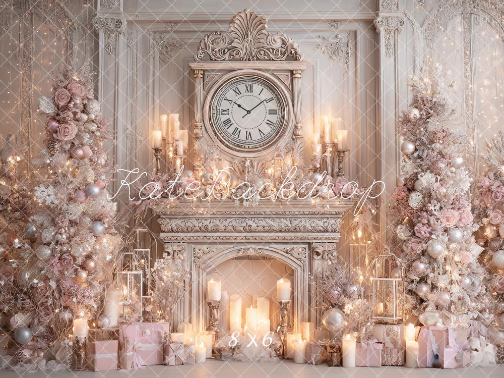 Kate Christmas Clock Fireplace Pink Trees Backdrop Designed by Ashley Paul - Image 3