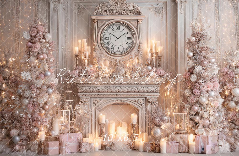 Kate Christmas Clock Fireplace Pink Trees Backdrop Designed by Ashley Paul - Image 4