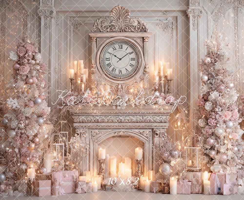 Kate Christmas Clock Fireplace Pink Trees Backdrop Designed by Ashley Paul - Image 6